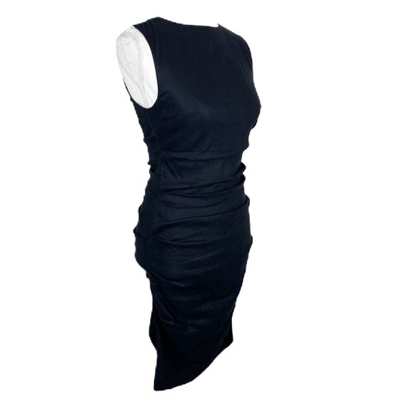 Nicole Miller Artelier Dress Women 4 Black Sleeveless Midi Drape Solid LBD Linen - Picture 3 of 14